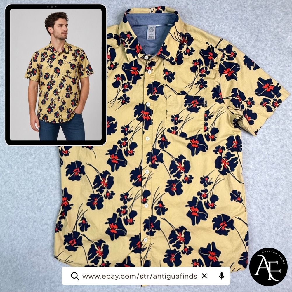 Hurley Mens Floral Hibiscus Short Sleeve Button Down Shirt Tan Navy Red Large